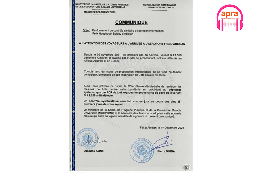 COMMUNQUÉ/COVID-19: VARIANT B.1.1.529 (OMICRON)