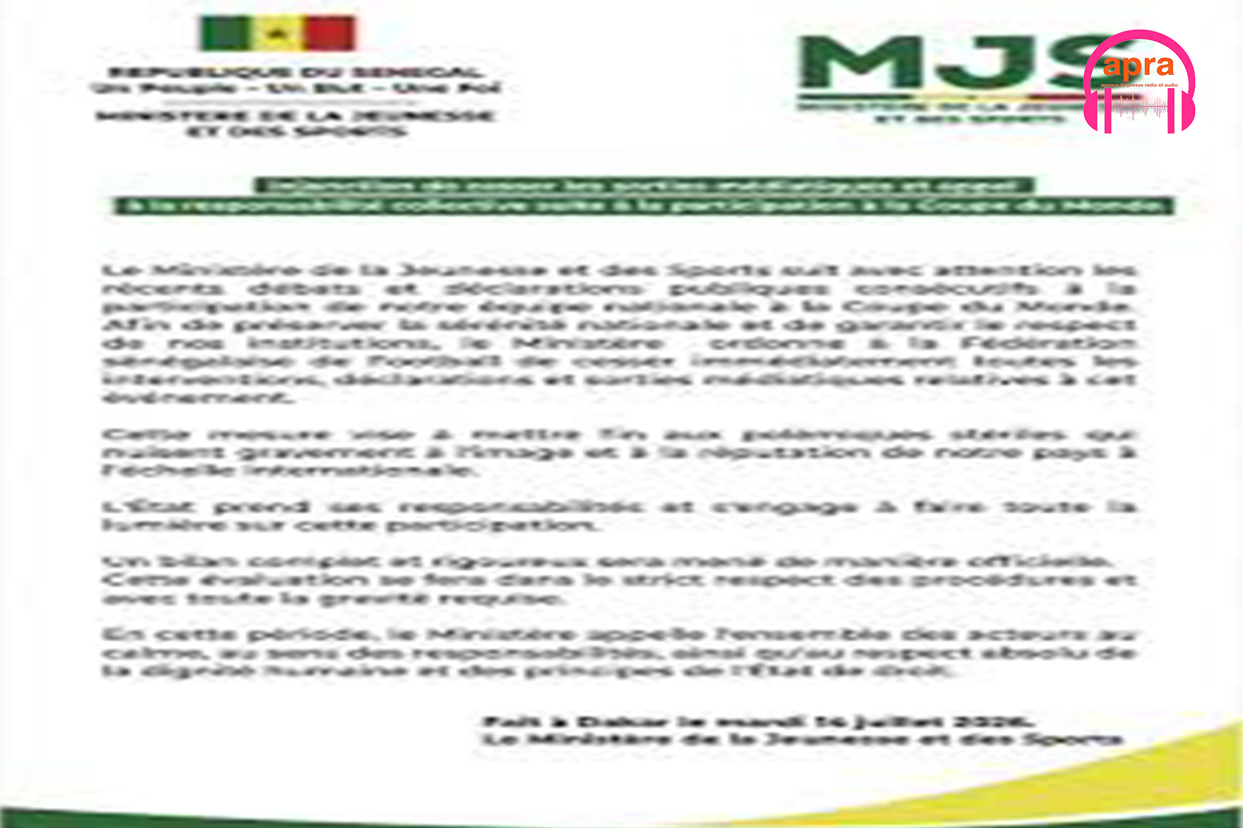 Sport / football, Sénégal : L’État siffle la fin de la récréation et censure les débats sur le Mondial 2026.