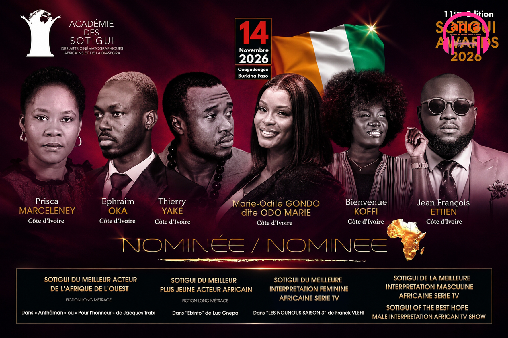 CINÉMA / SOTIGUI AWARDS 2026 : la Côte d’Ivoire en force, Prisca Marceleney vise le ‘’Sotigui d’Or’’ !