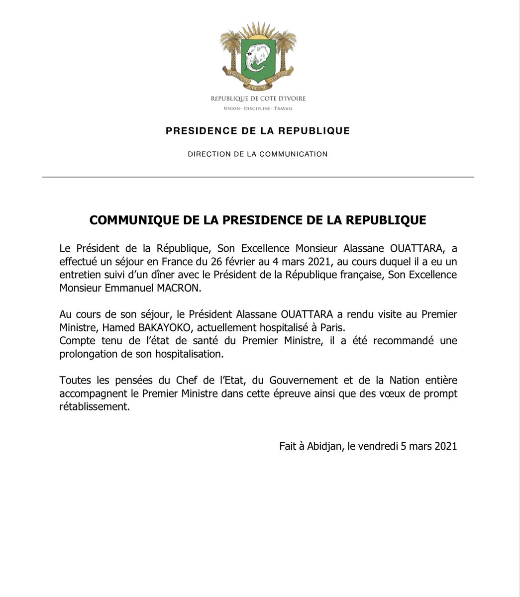 COMMUNIQUE DE LA PRESIDENCE DE LA REPUBLIQUE