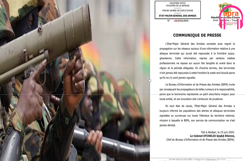 Sécurité : Prétendue attaque terroriste à la frontière de la Côte d’Ivoire avec le Ghana: L’État Major General des armées dément.